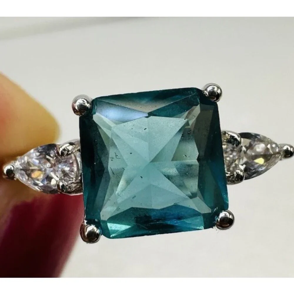Bomb Party Teal Princess Cut Statement Ring Size 7 Rhodium Plated
